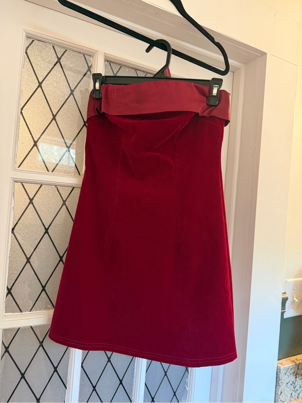 Red velvet mini dress with satin trim